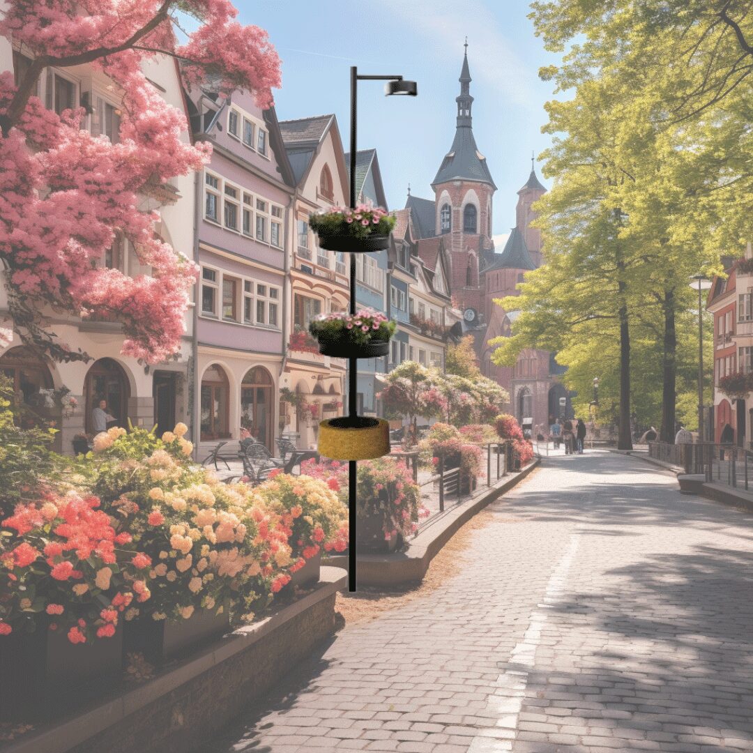 Ki generierter Prototyp: Mockup für eine bepflanzte Straßenlaterne in der Stadt