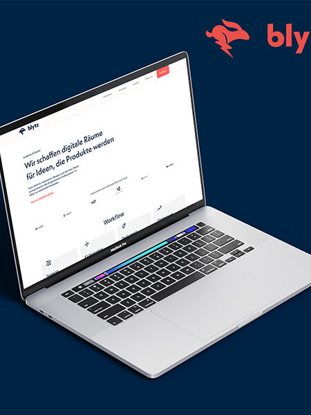 Mockup showing the blytz website concept on a laptop, highlighting the digital brand presence and main homepage layout.