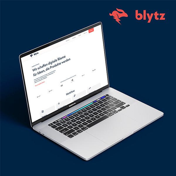 Mockup showing the blytz website concept on a laptop, highlighting the digital brand presence and main homepage layout.