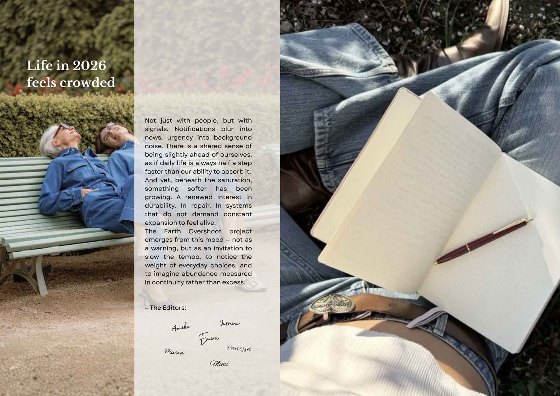 Magazin Innenseite: 2 Frauen auf Bank, Frau mit verschränkten Beinen und Notizbuch