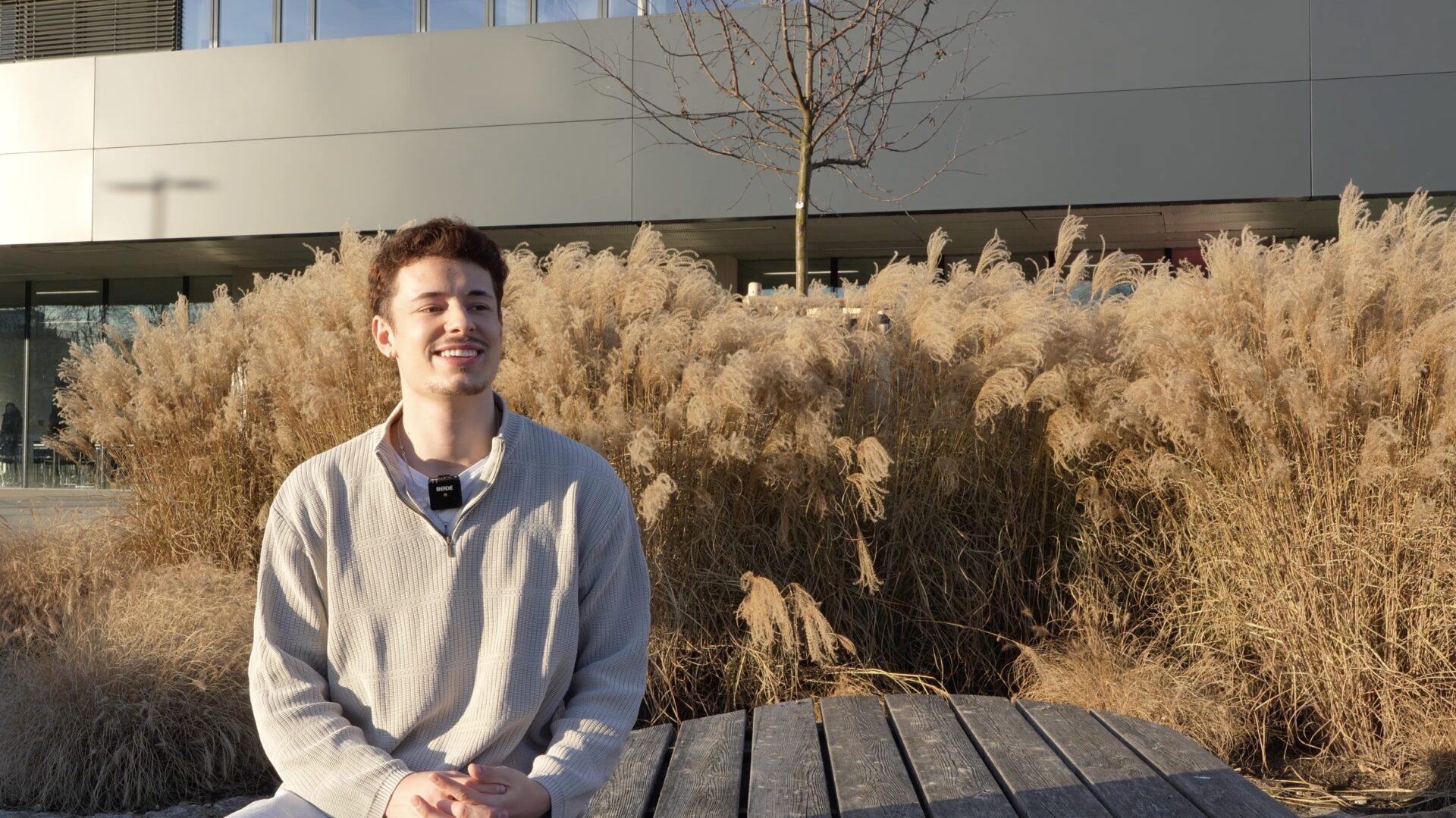 Person sitzt im Sonnenlicht vor hohen Gräsern auf dem Campusgelände; ein Ansteckmikrofon ist am Pullover befestigt.