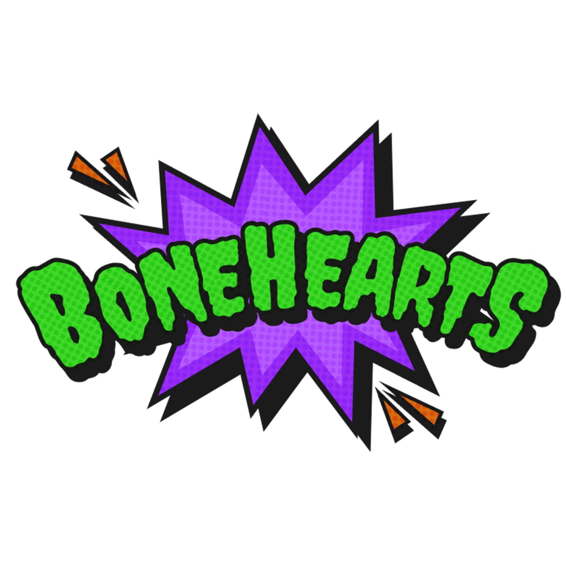 „BONEHEARTS“-Schriftzug in grünem Comic-Stil auf lila Stern-Form mit schwarzen Konturen und kleinen orangefarbenen Akzenten.