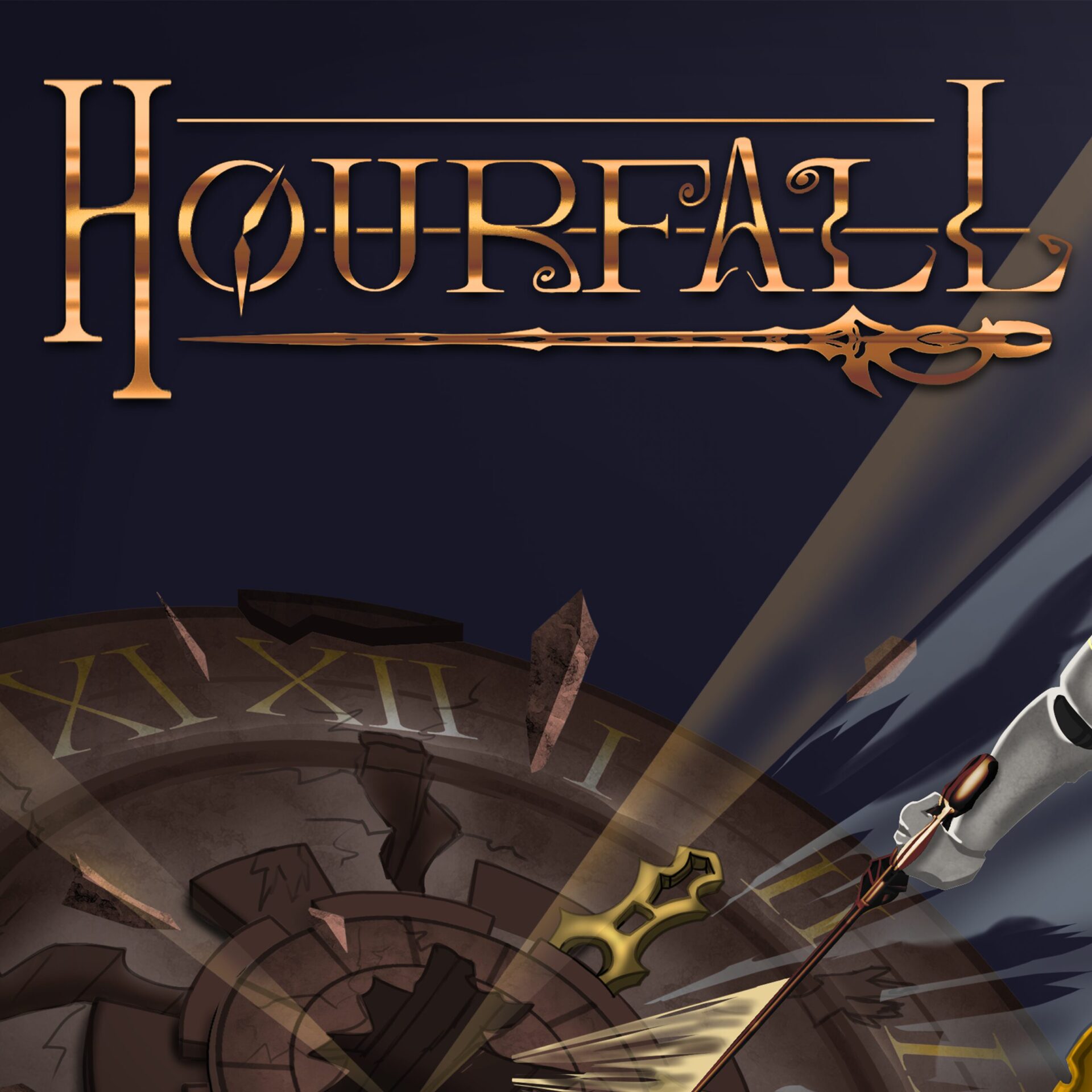 Großer „Hourfall“-Schriftzug in Gold auf dunklem Hintergrund; darunter ein stilisiertes, klingenförmiges Ornament als Linie.