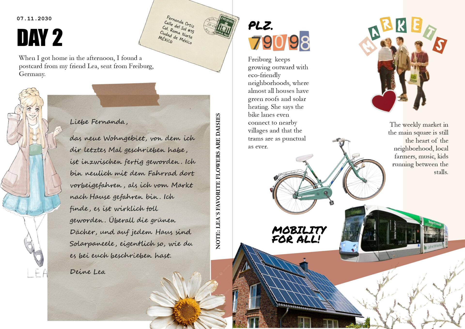 Magazine spread with “DAY 2” and a handwritten letter in German, combined with collage elements including a postcard, a flower, a bicycle, a tram, solar panels, and a “Markets” heading.