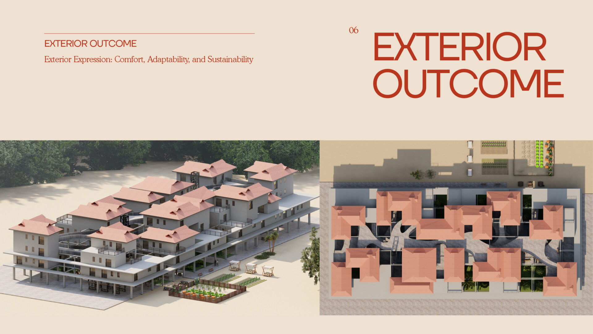 Präsentationsfolie mit Render einer modularen Gebäudestruktur und Grundrissansicht; große Überschrift „Exterior Outcome“.