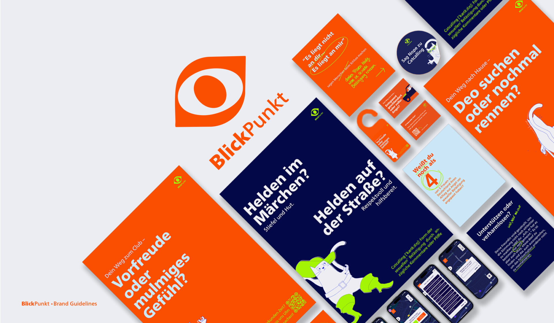 Markenübersicht mit Logo und zahlreichen Layout-Beispielen (Plakate, Social Posts, App-Screens) in Orange, Dunkelblau und Hellblau.