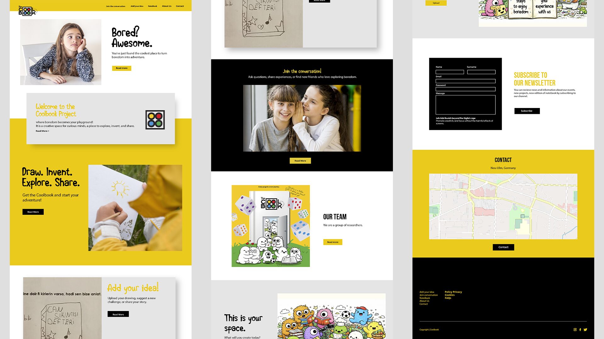 Lange Website-Ansicht mit gelb-schwarzem Layout, Illustrationen und Fotos; Bereiche „Welcome“, „Draw. Invent. Explore. Share.“, Newsletter-Formular und Kontaktsektion mit Karte.