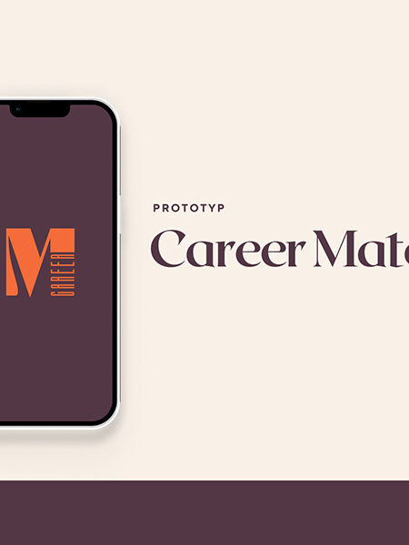 Smartphone mockup showing the Career Match app splash screen with the M logo on a dark purple background.