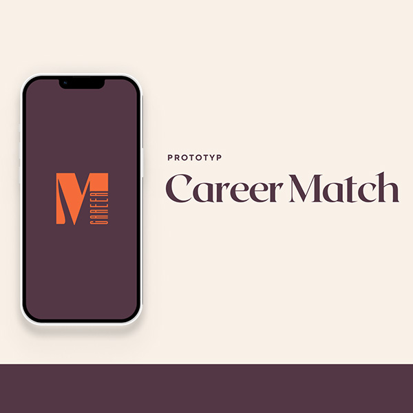 Smartphone mockup showing the Career Match app splash screen with the M logo on a dark purple background.